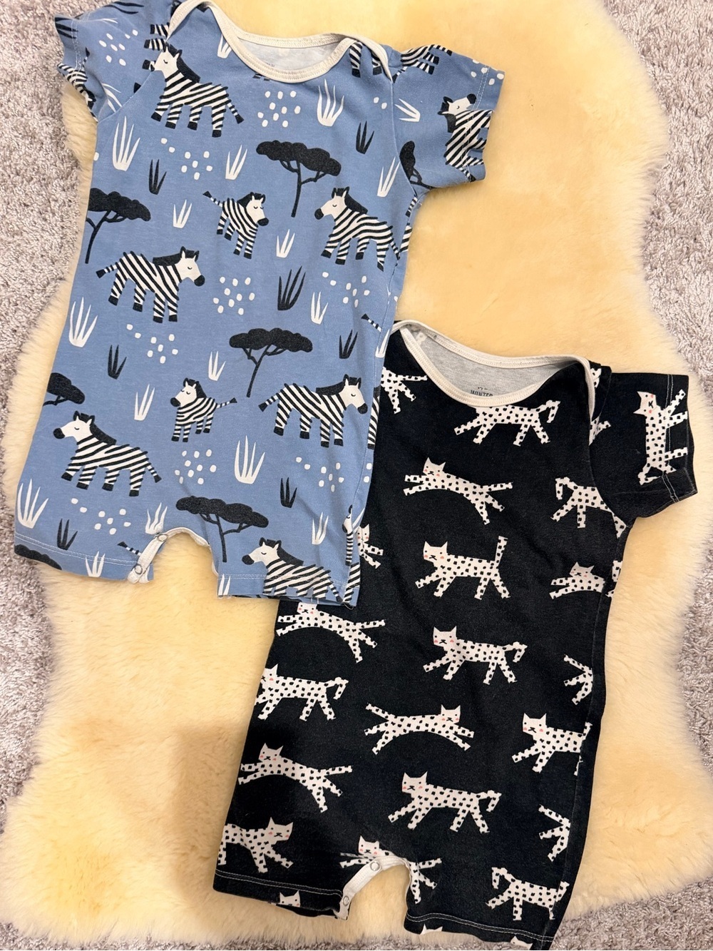 Two Organic Summer Rompers Blue Zebra and Black Cat Print 18 -24 month - Picture 2 of 6